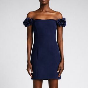 Marchesa Notte Designer Navy Off Shoulder Floral Appliqué Cocktail Dress 8